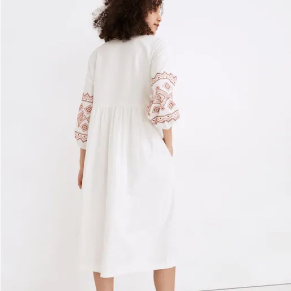 Madewell Linen Blend Embroidered-Sleeve Popover Midi Dress Size Small - Picture 2 of 9